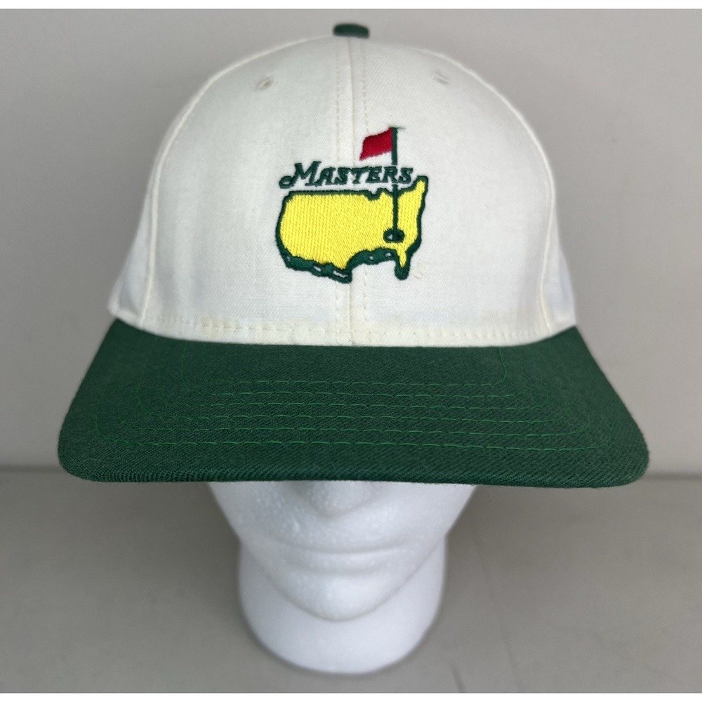 1990's Vintage Masters Golf Hat USA Leather Strapback White Green Bill